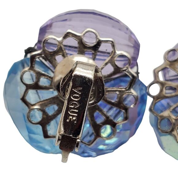 1960s Vogue Clip Earrings Blue Purple AB Beads Pastel Cluster Button Mid Century - Picture 7 of 7